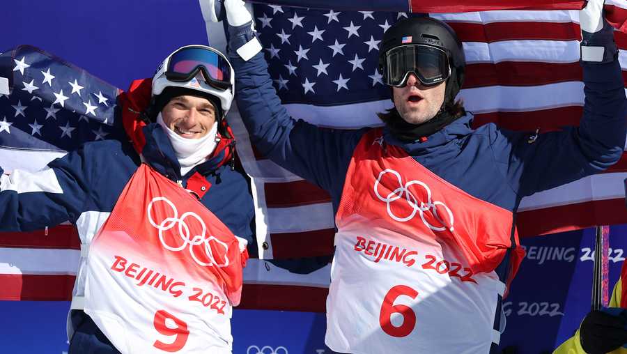 Silver medallist Nicholas Goepper (L) and Gold medallist Alexander Hall of Team United States celebrate during the Men&apos;s Freestyle Skiing Freeski Slopestyle Final on Day 12 of the Beijing 2022 Winter Olympics at Genting Snow Park on February 16, 2022 in Zhangjiakou, China. (Photo by Patrick Smith/Getty Images)