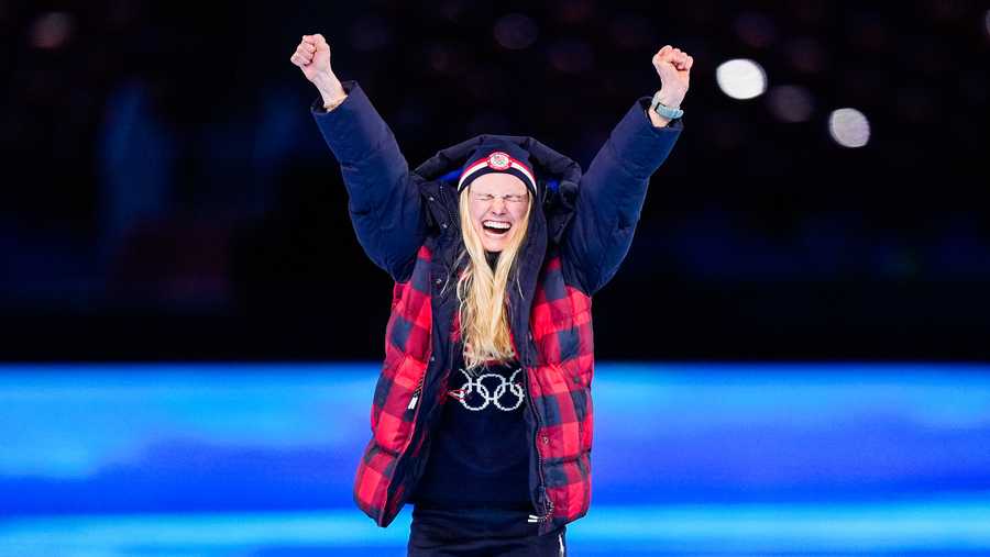 Silver medalist Jessie Diggins of Team United States poses with her medal during the Women's 30km Mass Start medal ceremony during the Beijing 2022 Winter Olympics Closing Ceremony at Beijing National Stadium on February 20, 2022 in Beijing, China. (Photo by Wei Zheng/CHINASPORTS/VCG via Getty Images)