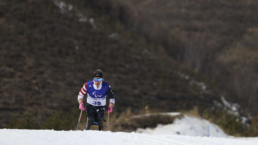 BEIJING, CHINA - MARCH 06: Oksana Masters of Team United States competes in the Para Cross-Country Skiing Women&apos;s Long Distance Sitting during day two of the Beijing 2022 Winter Paralympics at Zhangjiakou National Biathlon Centre on March 06, 2022 in Zhangjiakou, China. (Photo by Lintao Zhang/Getty Images)