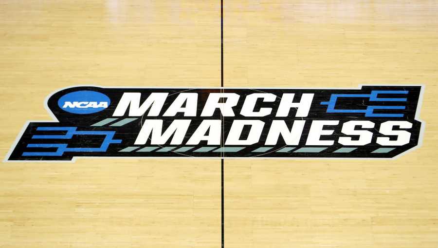 A general view of the NCAA March Madness logo on the court prior to the game between the South Dakota State Jackrabbits and the Providence Friars in the first round game of the 2022 NCAA Men's Basketball Tournament at KeyBank Center on March 17, 2022 in Buffalo, New York.