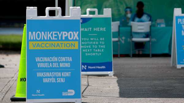 MIAMI, FLORIDA - AUGUST 15: A sign announcing monkeypox vaccination is setup in Tropical Park by Miami-Dade County and Nomi Health on August 15, 2022 in Miami, Florida. Miami-Dade continues to urge people to vaccinate as they work to get more vaccines now that the county has over 400 cases, which is the most in the state. (Photo by Joe Raedle/Getty Images)