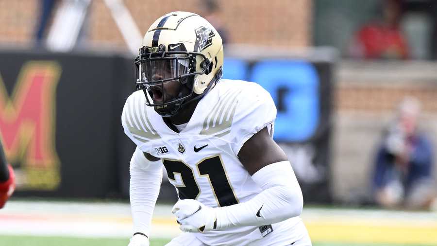 COLLEGE PARK, MARYLAND - OCTOBER 08: Sanoussi Kane #21 of the Purdue Boilermakers celebrates during the game against the Maryland Terrapins at SECU Stadium on October 08, 2022 in College Park, Maryland. (Photo by G Fiume/Getty Images)