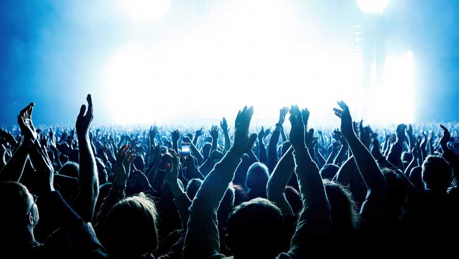 A crowd of people with raised arms during a music concert.