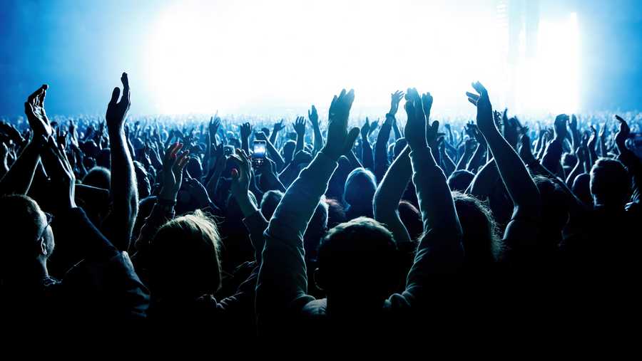 A crowd of people with raised arms during a music concert.