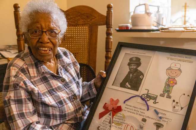 Amityville, N.Y.: Nancy Leftenant-Colon, 102, was the first Black woman to be commissioned into the regular U.S. Army Nursing Corps and the only woman ever elected as president of the Tuskegee Airmen Inc. Leftenant-Colon is pictured at her home on Jan. 26, 2023 in Amityville, New York. (Photo by Howard Schnapp/Newsday RM via Getty Images)