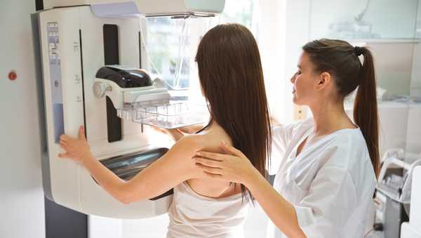 Female doctor and mid adult woman during Mammography test in examination room.