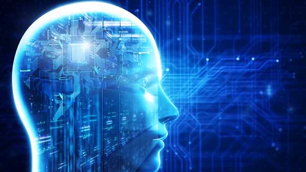 Abstract image of a server room seen through the face of an artificial intelligence robot.