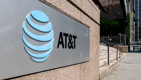 A view of the entrance AT&T logo at 33 Thomas Street in Manhattan on May 18, 2023 in New York City.