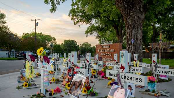 A memorial dedicated to the 19 children and two adults murdered on May 24, 2022 during the mass shooting at Robb Elementary School is seen on May 24, 2023 in Uvalde, Texas.
