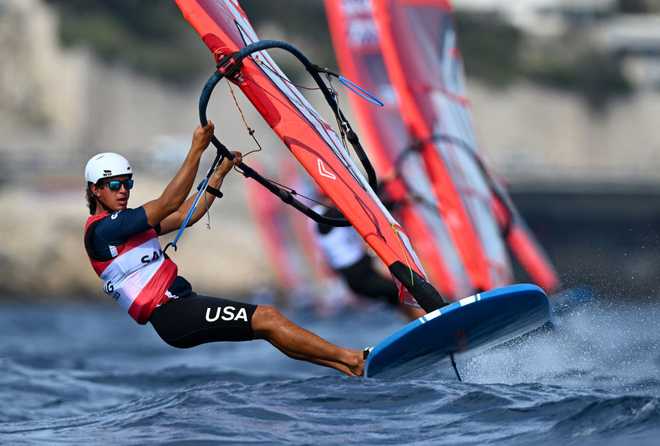 MARSEILLE, FRANCE - JULY 13:  Noah Lyons of USA in action during a Mens iQFOiL race on day six of the Paris 2024 Olympic Sailing test event at Marseille Marina on July 14, 2023 in Marseille, France. (Photo by Clive Mason/Getty Images)