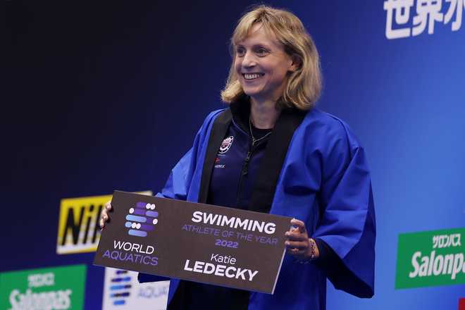 FUKUOKA,&#x20;JAPAN&#x20;-&#x20;JULY&#x20;26&#x3A;&#x20;&#x20;Katie&#x20;Ledecky&#x20;of&#x20;Team&#x20;United&#x20;States&#x20;is&#x20;awarded&#x20;Swimming&#x20;Female&#x20;Athlete&#x20;of&#x20;the&#x20;Year&#x20;2022&#x20;on&#x20;day&#x20;four&#x20;of&#x20;the&#x20;Fukuoka&#x20;2023&#x20;World&#x20;Aquatics&#x20;Championships&#x20;at&#x20;Marine&#x20;Messe&#x20;Fukuoka&#x20;Hall&#x20;A&#x20;on&#x20;July&#x20;26,&#x20;2023&#x20;in&#x20;Fukuoka,&#x20;Japan.&#x20;&#x28;Photo&#x20;by&#x20;Sarah&#x20;Stier&#x2F;Getty&#x20;Images&#x29;