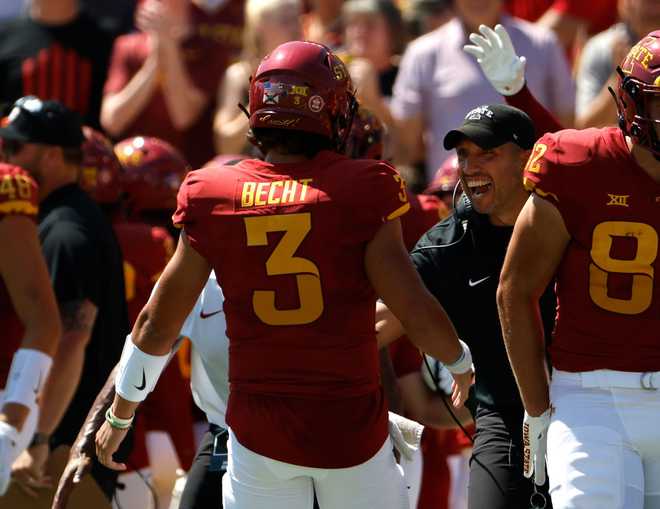AMES,&#x20;IA&#x20;-&#x20;SEPTEMBER&#x20;2&#x3A;&#x20;&#x20;Quarterback&#x20;Rocco&#x20;Becht&#x20;&#x23;3&#x20;of&#x20;the&#x20;Iowa&#x20;State&#x20;Cyclones&#x20;celebrates&#x20;with&#x20;head&#x20;coach&#x20;Matt&#x20;Campbell&#x20;of&#x20;the&#x20;Iowa&#x20;State&#x20;Cyclones&#x20;after&#x20;scoring&#x20;a&#x20;touchdown&#x20;in&#x20;the&#x20;first&#x20;half&#x20;of&#x20;play&#x20;against&#x20;the&#x20;Northern&#x20;Iowa&#x20;Panthers&#x20;at&#x20;Jack&#x20;Trice&#x20;Stadium&#x20;on&#x20;September&#x20;2,&#x20;2023&#x20;in&#x20;Ames,&#x20;Iowa.&#x20;&#x28;Photo&#x20;by&#x20;David&#x20;Purdy&#x2F;Getty&#x20;Images&#x29;