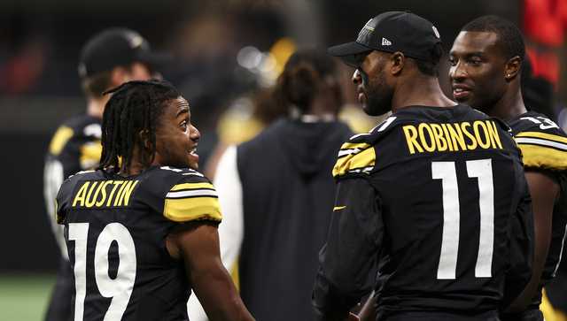 Pittsburgh Steelers wide receiver Calvin Austin III (19) runs the ball  during the first half of an NFL preseason football game against the Atlanta  Falcons, Thursday, Aug. 24, 2023, in Atlanta. The