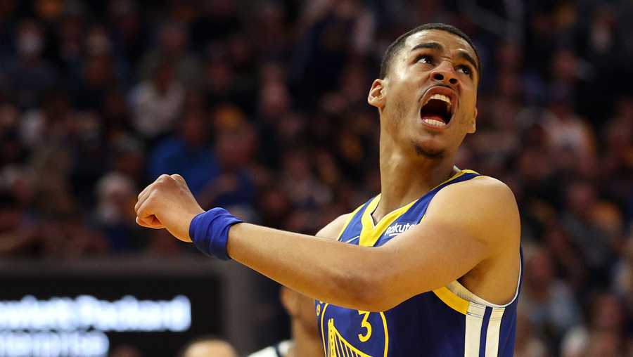 SAN FRANCISCO, CALIFORNIA - MAY 13:  Jordan Poole #3 of the Golden State Warriors reacts against the Memphis Grizzlies during the second quarter in Game Six of the 2022 NBA Playoffs Western Conference Semifinals at Chase Center on May 13, 2022 in San Francisco, California. NOTE TO USER: User expressly acknowledges and agrees that, by downloading and/or using this photograph, User is consenting to the terms and conditions of the Getty Images License Agreement. (Photo by Ezra Shaw/Getty Images)