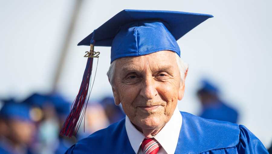 Ted Sams, 78, who said when it was time to receive his diploma he was told he had to pay for a missing book but that money was better spent on a tank of gas for the fastest car in San Gabriel his 56 Pontiac, waits to receive his original high school diploma during San Gabriel High Schools graduation at the Rose Bowl on Friday May 27, 2022. (Photo by Sarah Reingewirtz/MediaNews Group/Los Angeles Daily News via Getty Images)