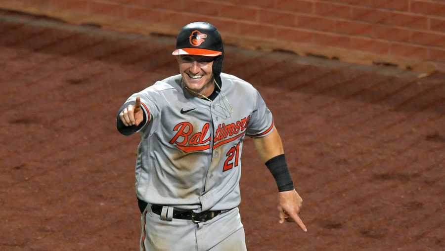 PHILADELPHIA, PA - AUGUST 11: Austin Hays #21 of the Baltimore Orioles celebrate his two run home run in the 10th inning against the Philadelphia Phillies at Citizens Bank Park on August 11, 2020 in Philadelphia, Pennsylvania. The Orioles won 10-9 in extra innings. (Photo by Drew Hallowell/Getty Images)