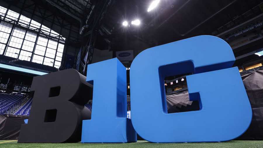 INDIANAPOLIS, IN - JULY 26: General view of the Big Ten Conference logo seen on the field during the 2022 Big Ten Conference Football Media Days at Lucas Oil Stadium on July 26, 2022 in Indianapolis, Indiana. (Photo by Michael Hickey/Getty Images)