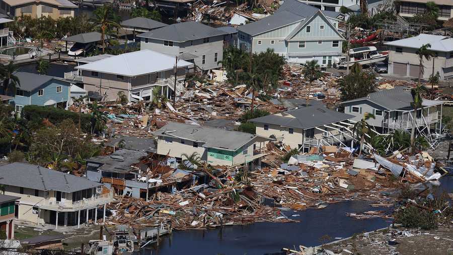 FORT MYERS BEACH, FLORIDA - SEPTEMBER 29: In an aerial view, damaged buildings are seen as Hurricane Ian passed through the area on September 29, 2022 in Fort Myers Beach, Florida. The hurricane brought high winds, storm surge and rain to the area causing severe damage. (Photo by Joe Raedle/Getty Images)