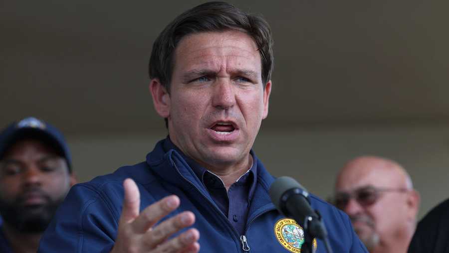 CAPE CORAL, FLORIDA - OCTOBER 04: Florida Governor Ron DeSantis speaks during a press conference to update information about the on ongoing efforts to help people after hurricane Ian passed through the area on October 4, 2022 in Cape Coral, Florida.  The hurricane brought high winds, storm surge and rain to the area causing severe damage. (Photo by Joe Raedle/Getty Images)