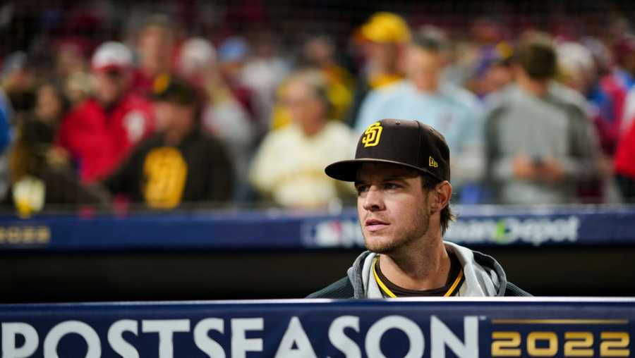 PHILADELPHIA, PA - OCTOBER 22:   Wil Myers #5 of the San Diego Padres looks on from the dugout before Game 4 of the NLCS between the San Diego Padres and the Philadelphia Phillies at Citizens Bank Park on Saturday, October 22, 2022 in Philadelphia, Pennsylvania. (Photo by Daniel Shirey/MLB Photos via Getty Images)
