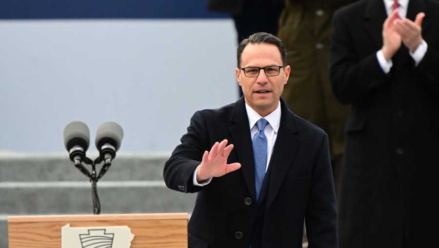 HARRISBURG, PA - JANUARY 17: Josh Shapiro waves after speaking at his swearing in as Governor of Pennsylvania at the State Capitol Building on January 17, 2023 in Harrisburg, Pennsylvania. Shapiro defeated Republican nominee Doug Mastriano by nearly 15 percent in the November election. (Photo by Mark Makela/Getty Images)