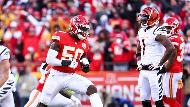 Kansas City Chiefs middle linebacker Willie Gay Jr. during pre-game warmups  before the NFL AFC Championship football game against the Cincinnati  Bengals, Sunday, Jan. 30, 2022 in Kansas City, Mo.. (AP Photos/Reed