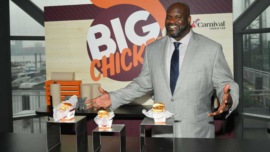NEW YORK, NEW YORK - JUNE 18: Shaquille O&apos;Neal, NBA star and Carnival Cruise Line’s Chief Fun Officer, gives guests a taste of his highly-anticipated dishes that will be offered at sea as part of Big Chicken at Mardi Gras’ Summer Landing zone during Carnival Cruise Line&apos;s NYC Cruise Into Summer Event To Celebrate The Arrival Of Mardi Gras In 2020 at Pier 59 on June 18, 2019 in New York City. (Photo by Mike Coppola/Getty Images for Carnival Cruise Line)