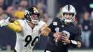 Pittsburgh Steelers quarterback Kenny Pickett rolls out during an NFL  football game against the Las Vegas Raiders Sunday, Sept. 24, 2023, in Las  Vegas. (AP Photo/Mark J. Terrill Stock Photo - Alamy