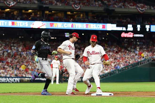 Manager Skip Schumaker of the Miami Marlins looks on against the News  Photo - Getty Images