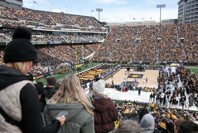 IOWA&#x20;CITY,&#x20;IOWA-&#x20;OCTOBER&#x20;15&#x3A;&#x20;&#x20;Fans&#x20;attend&#x20;the&#x20;Crossover&#x20;at&#x20;Kinnick&#x20;Event&#x20;to&#x20;watch&#x20;the&#x20;exhibition&#x20;match-up&#x20;between&#x20;the&#x20;Iowa&#x20;Hawkeyes&#x20;and&#x20;the&#x20;DePaul&#x20;Blue&#x20;Demons&#x20;at&#x20;Kinnick&#x20;Stadium&#x20;on&#x20;October&#x20;15,&#x20;2023&#x20;in&#x20;Iowa&#x20;City,&#x20;Iowa.&#x20;&#x20;&#x28;Photo&#x20;by&#x20;Matthew&#x20;Holst&#x2F;Getty&#x20;Images&#x29;