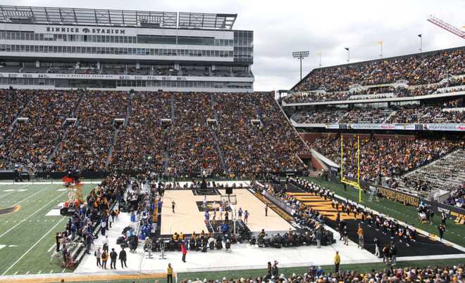 IOWA&#x20;CITY,&#x20;IOWA-&#x20;OCTOBER&#x20;15&#x3A;&#x20;&#x20;Fans&#x20;attend&#x20;the&#x20;Crossover&#x20;at&#x20;Kinnick&#x20;Event&#x20;to&#x20;watch&#x20;the&#x20;exhibition&#x20;match-up&#x20;between&#x20;the&#x20;Iowa&#x20;Hawkeyes&#x20;and&#x20;the&#x20;DePaul&#x20;Blue&#x20;Demons&#x20;at&#x20;Kinnick&#x20;Stadium&#x20;on&#x20;October&#x20;15,&#x20;2023&#x20;in&#x20;Iowa&#x20;City,&#x20;Iowa.&#x20;&#x20;&#x28;Photo&#x20;by&#x20;Matthew&#x20;Holst&#x2F;Getty&#x20;Images&#x29;