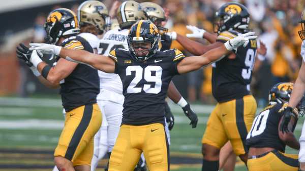 IOWA CITY, IOWA- OCTOBER 7:  Defensive back Sebastian Castro #29 of the Iowa Hawkeyes signals or a missed field goal during the first half against the Purdue Boilermakers at Kinnick Stadium on October 7, 2023 in Iowa City, Iowa.  (Photo by Matthew Holst/Getty Images)