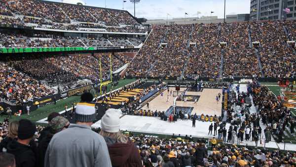 IOWA CITY, IOWA- OCTOBER 15:  Fans attend the Crossover at Kinnick Event to watch the exhibition match-up between the Iowa Hawkeyes and the DePaul Blue Demons at Kinnick Stadium on October 15, 2023 in Iowa City, Iowa.  (Photo by Matthew Holst/Getty Images)