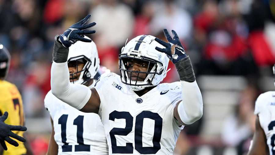 COLLEGE PARK, MARYLAND - NOVEMBER 04: Adisa Isaac #20 of the Penn State Nittany Lions celebrates a defensive stop in the third quarter at SECU Stadium on November 04, 2023 in College Park, Maryland. (Photo by Greg Fiume/Getty Images)