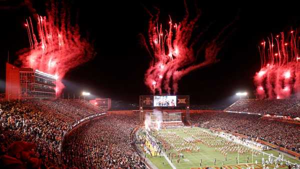 AMES, IA - NOVEMBER 18: Pregame fireworks at Jack Trice Stadium on November 18, 2023 in Ames, Iowa. The Texas Longhorns won 26-16 over the Iowa State Cyclones. (Photo by David K Purdy/Getty Images)