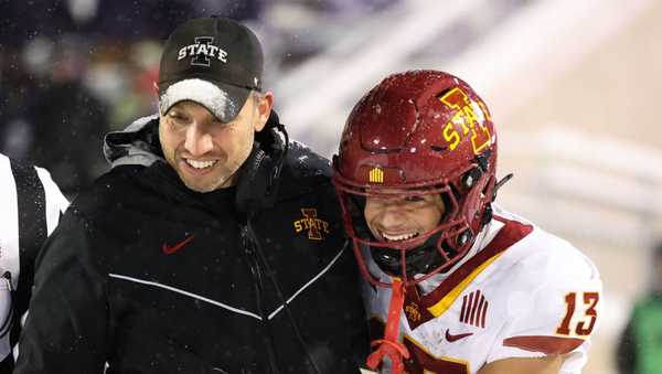 MANHATTAN, KS - NOVEMBER 25: Iowa State Cyclones wide receiver Jaylin Noel (13) and head coach Matt Campbell are all smiles after Noel's 82-yard go ahed touchdown in the fourth quarter of a Big 12 football game between the Iowa State Cyclones and Kansas State Wildcats on Nov 25, 2023 at Bill Snyder Family Stadium in Manhattan, KS. (Photo by Scott Winters/Icon Sportswire via Getty Images)