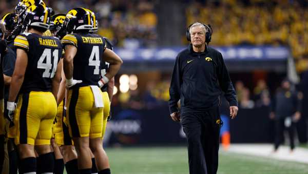 INDIANAPOLIS, IN - DECEMBER 2: Iowa Hawkeyes head coach Kirk Ferentz looks on during the Big Ten Championship Game against the Michigan Wolverines on December 2, 2023 at Lucas Oil Stadium in Indianapolis, Indiana. (Photo by Joe Robbins/Icon Sportswire via Getty Images)