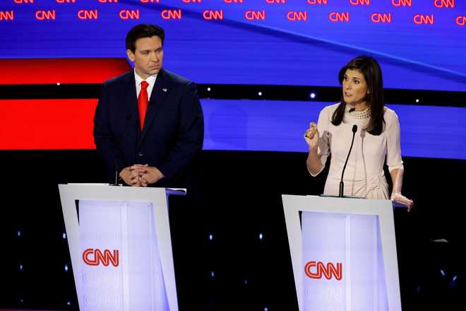 DES&#x20;MOINES,&#x20;IOWA&#x20;-&#x20;JANUARY&#x20;10&#x3A;&#x20;Republican&#x20;presidential&#x20;candidates&#x20;Florida&#x20;Gov.&#x20;Ron&#x20;DeSantis&#x20;and&#x20;former&#x20;U.N.&#x20;Ambassador&#x20;Nikki&#x20;Haley&#x20;participate&#x20;in&#x20;the&#x20;CNN&#x20;Republican&#x20;Presidential&#x20;Primary&#x20;Debate&#x20;in&#x20;Sheslow&#x20;Auditorium&#x20;at&#x20;Drake&#x20;University&#x20;on&#x20;January&#x20;10,&#x20;2024&#x20;in&#x20;Des&#x20;Moines,&#x20;Iowa.&#x20;DeSantis&#x20;and&#x20;Haley&#x20;both&#x20;qualified&#x20;for&#x20;this&#x20;final&#x20;debate&#x20;before&#x20;the&#x20;Iowa&#x20;caucuses,&#x20;while&#x20;former&#x20;President&#x20;Donald&#x20;Trump&#x20;declined&#x20;to&#x20;participate&#x20;and&#x20;instead&#x20;held&#x20;a&#x20;simultaneous&#x20;town&#x20;hall&#x20;event&#x20;live&#x20;on&#x20;FOX&#x20;News.&#x20;&#x28;Photo&#x20;by&#x20;Chip&#x20;Somodevilla&#x2F;Getty&#x20;Images&#x29;