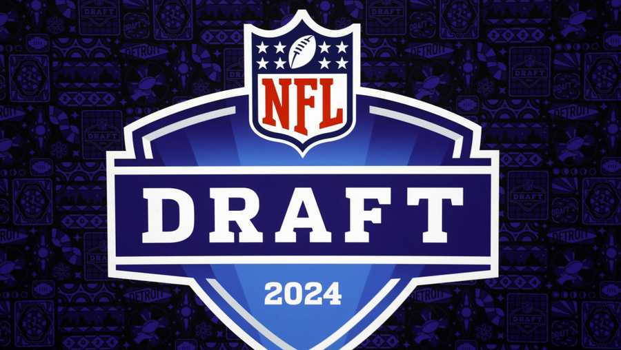 LAS VEGAS, NV - FEBRUARY 6: A detail view of the NFL Draft 2024 logo at Super Bowl LVIII Radio Row at Mandalay Bay on February 6, 2024 in Las Vegas, NV. (Photo by Perry Knotts/Getty Images)