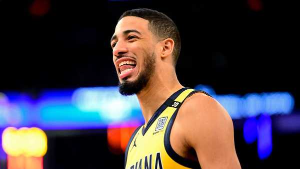 NEW YORK, NEW YORK - FEBRUARY 10:  Tyrese Haliburton #0 of the Indiana Pacers reacts during the first half against the New York Knicks at Madison Square Garden on February 10, 2024 in New York City. NOTE TO USER: User expressly acknowledges and agrees that, by downloading and or using this photograph, User is consenting to the terms and conditions of the Getty Images License Agreement. (Photo by Steven Ryan/Getty Images)