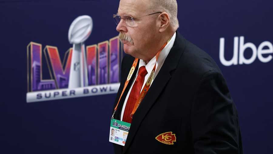 LAS VEGAS, NEVADA - FEBRUARY 11: Head coach Andy Reid of the Kansas City Chiefs arrives before Super Bowl LVIII at Allegiant Stadium on February 11, 2024 in Las Vegas, Nevada. (Photo by Tim Nwachukwu/Getty Images)