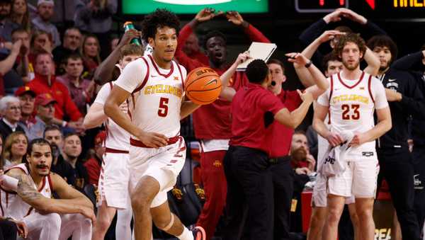 AMES, IA - FEBRUARY 24: Curtis Jones #5 of the Iowa State Cyclones drives the inball the first half of play at Hilton Coliseum on February 24, 2024 in Ames, Iowa. The Iowa State Cyclones won 71-64 over the West Virginia Mountaineers. (Photo by David K Purdy/Getty Images)