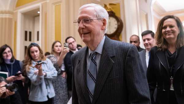 WASHINGTON, DC - FEBRUARY 28: Senate Minority Leader Mitch McConnell (R-KY) walks into the Senate chamber on February 28, 2024 in Washington, DC. McConnell announced Wednesday that he would step down as Republican leader in November.  (Photo by Nathan Howard/Getty Images)