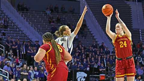 MANHATTAN, KS - FEBRUARY 28:  Addy Brown #24 of the Iowa State Cyclones puts up a shot against Serena Sundell #4 of the Kansas State Wildcats in the first half at Bramlage Coliseum on February 28, 2024 in Manhattan, Kansas. (Photo by Peter Aiken/Getty Images)