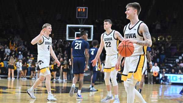 IOWA CITY, IA - FEBRUARY 27: Iowa players celebrate after winning a college basketball game between the Penn State Nittany Lions and the Iowa Hawkeyes on February 27, 2024, at Carver-Hawkeye Arena in Iowa City, IA. (Photo by Keith Gillett/Icon Sportswire via Getty Images)