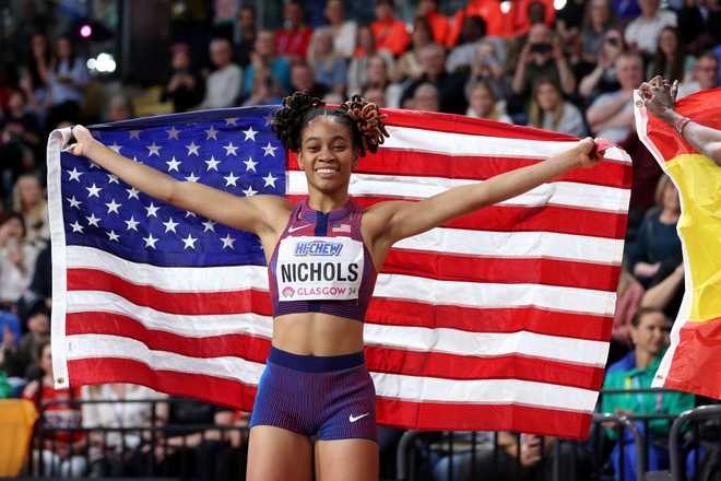 GLASGOW, SCOTLAND - MARCH 03: Silver medalist Monae&amp;apos; Nichols of Team United States poses for a photo after the Woman&amp;apos;s Long Jump Final on Day Three of the World Athletics Indoor Championships Glasgow 2024 at Emirates Arena on March 03, 2024 in Glasgow, Scotland. (Photo by Michael Steele/Getty Images)