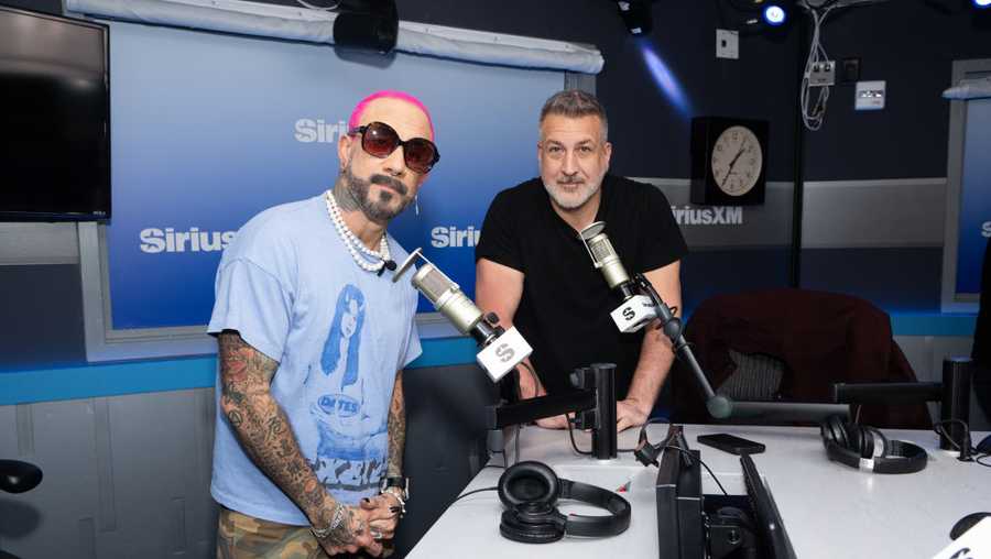 (L-R): AJ McLean and Joey Fatone visit the SiriusXM Studios on March 04, 2024 in New York City. (Photo by Noam Galai/Getty Images)