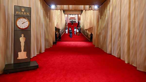 HOLLYWOOD, CA - MARCH 9: A view of red carpet area during preparation at the Dolby Theatre ahead of Oscars-Academy Awards on Hollywood Blvd in Los Angeles, California, United States on March 9, 2024. (Photo by Tayfun Coskun/Anadolu via Getty Images)