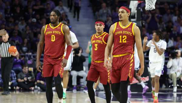 MANHATTAN, KS - MARCH 09: Iowa State Cyclones Tre King (0), Tamin Lipsey (3) and Robert Jones (12) walk on the court during a time out in the first half of a Big 12 basketball game between the Iowa State Cyclones and Kansas State Wildcats on Mar 9, 2024 at Bramlage Coliseum in Manhattan, KS. (Photo by Scott Winters/Icon Sportswire via Getty Images)