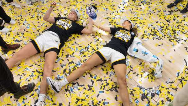 MINNEAPOLIS, MN - MARCH 10: Iowa Hawkeyes guard Gabbie Marshall (24) celebrates with guard Sydney Affolter (3) after the Big Ten Women's Basketball Tournament championship game between the Iowa Hawkeyes and Nebraska Cornhuskers on March 10, 2024, at the the Target Center in Minneapolis, MN. (Photo by Bailey Hillesheim/Icon Sportswire via Getty Images)